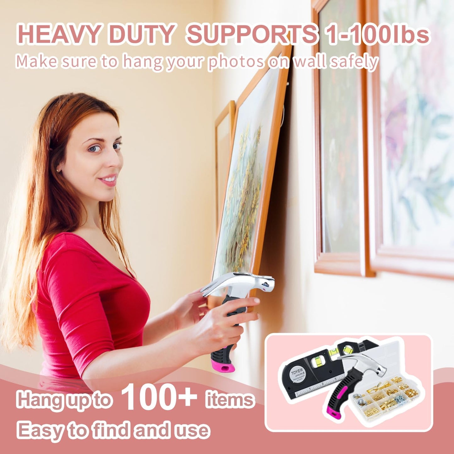 TOYIEW Picture Hanging Kit Tool, 352pcs Hanging Hardware with Heavy Duty Frame Hooks, Wire, Nails, D Rings, Photo Sawtooth Hangers, Wall Art Hanging Kit with Laser Level, Pink Claw Hammer