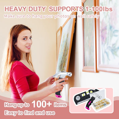 TOYIEW Picture Hanging Kit Tool, 352pcs Hanging Hardware with Heavy Duty Frame Hooks, Wire, Nails, D Rings, Photo Sawtooth Hangers, Wall Art Hanging Kit with Laser Level, Pink Claw Hammer