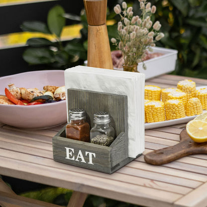 MyGift Napkin Holder with Salt and Pepper Shakers, Vintage Gray Solid Wood Table Napkin Holder, 2 Compartment Salt and Pepper Holder and Condiment Server with White EAT Label