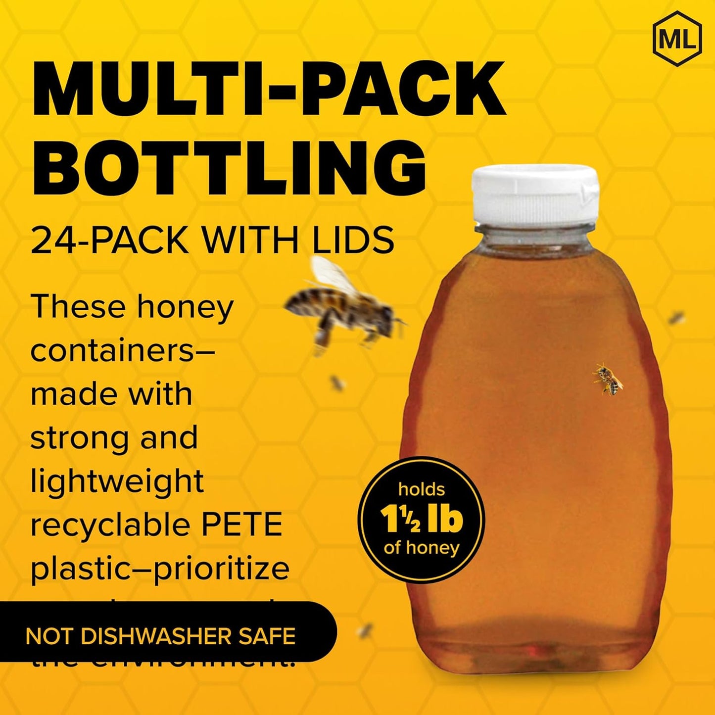 24-Pack, 1.5 lb Mann Lake Honey Squeeze Bottle, Easy Honey Dispensing, Durable, White Flip-Top Lids Included