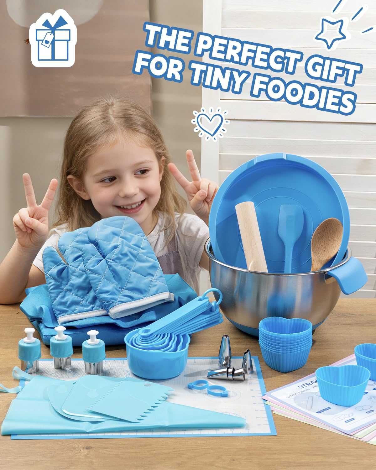 Kids Baking Set–Real Cooking Set for Kids with Kids Cooking Utensils & Kitchen Accessories, Measuring Tools & Baking Supplies,Great Gift for Pretend Play & Montessori Learning (Blue)