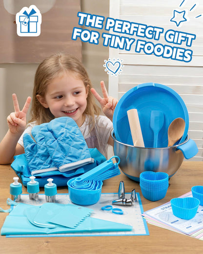 Kids Baking Set–Real Cooking Set for Kids with Kids Cooking Utensils & Kitchen Accessories, Measuring Tools & Baking Supplies,Great Gift for Pretend Play & Montessori Learning (Blue)
