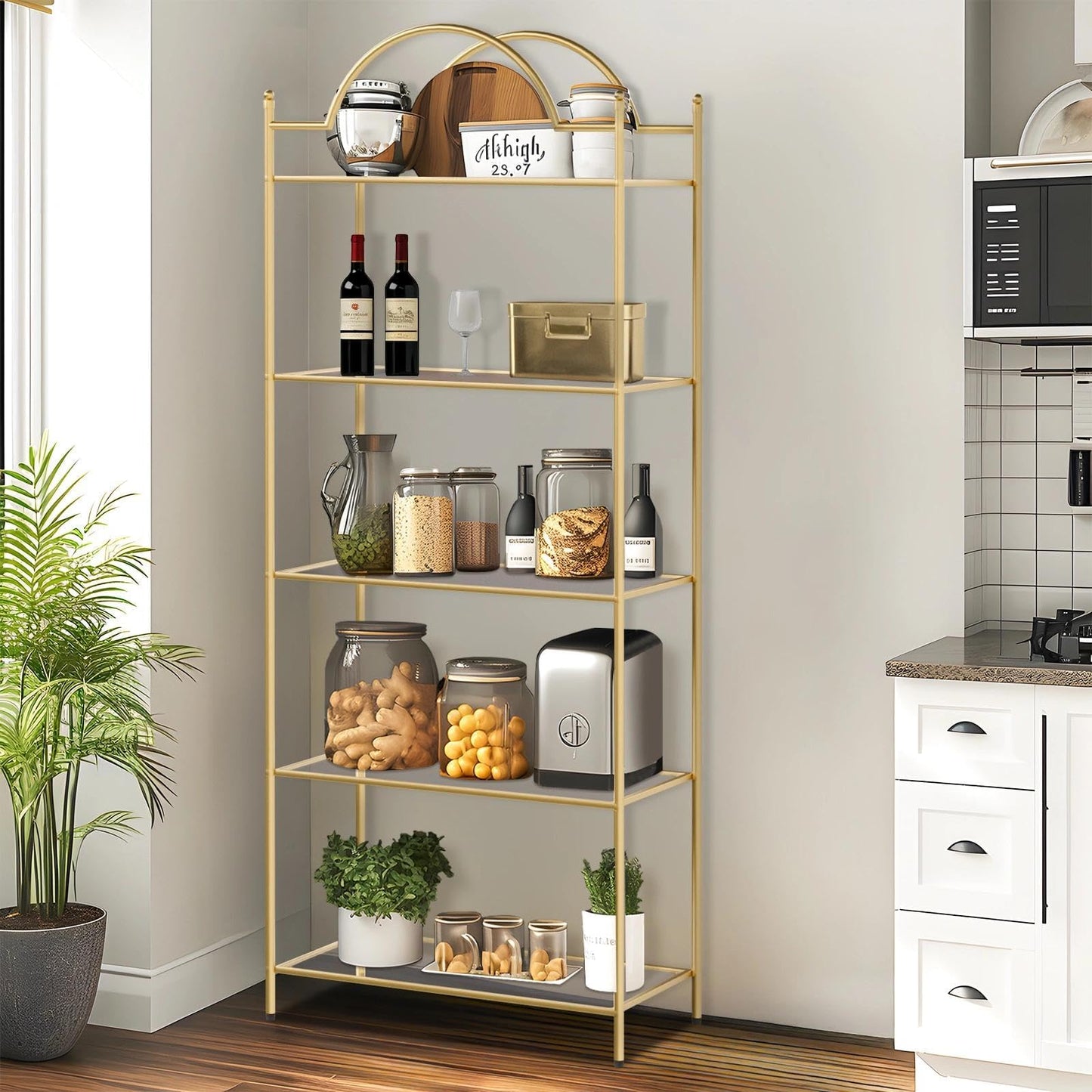 GIFTTROVE 5 Tier Bookshelf, Gold Book Shelf for Storage, Metal Tall Storage Display Bookcase, Modern Open Arched Book Case for Bedroom, Living Room, Glass Office Organization Shelf, 66.3" X 26" X 13"