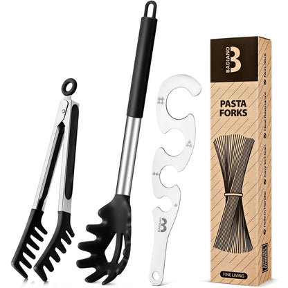 Silicone Spaghetti Spoon & Pasta Tong With Pasta Measurer, 3 Pack of Non-Stick Stainless Steel Handle Pasta Fork Set with Teeth, Food Clip for Easy Serving of Noodles (BLACK)