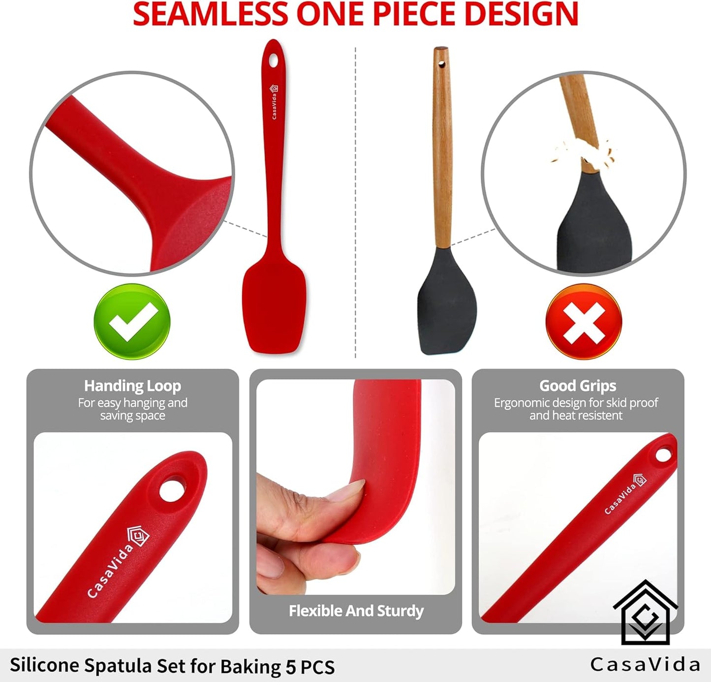 CasaVida 5pcs Silicone Spatula Set, Red High Heat Resistant Non Stick Kitchen Utensils for Baking