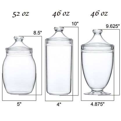 Amazing Abby - Adore - Plastic Apothecary Jars (3-Piece Set, 52/46/46 oz) (NOT Glass), Acrylic Jars with Lids, Bathroom Canisters, Candy Buffet, Wedding Display, BPA-Free and Shatter-Proof