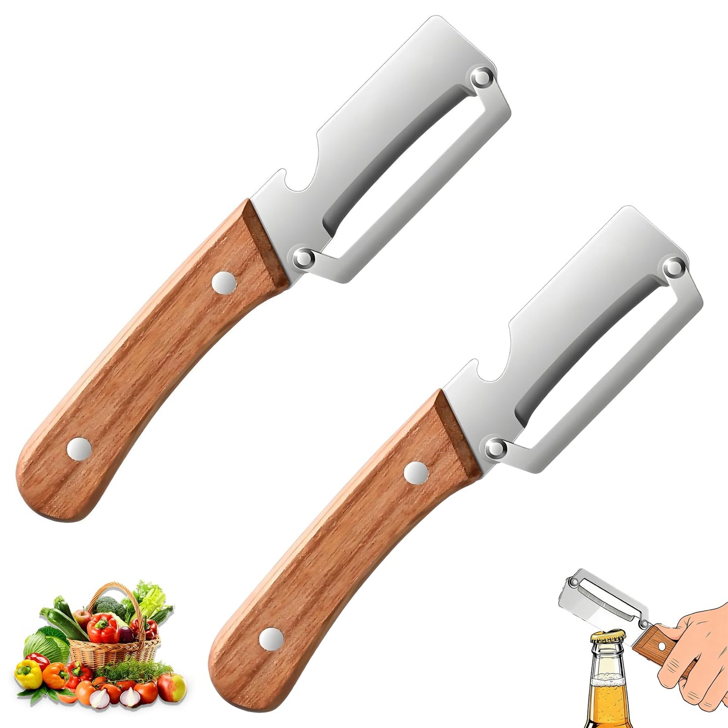 2 Pack Multifunctional Vegetable Peeler, 2-in-1 Kitchen Peeler with Bottle Opener, Sharp Stainless Steel Swivel Blade, Wooden Handle, for Potato, Carrot, Apple & Fruits