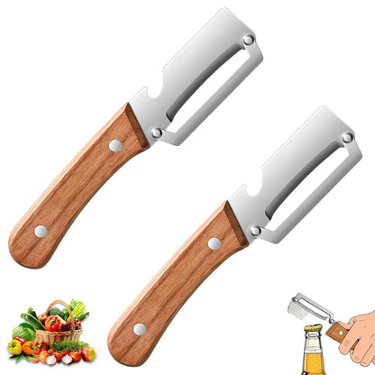 2 Pack Multifunctional Vegetable Peeler, 2-in-1 Kitchen Peeler with Bottle Opener, Sharp Stainless Steel Swivel Blade, Wooden Handle, for Potato, Carrot, Apple & Fruits