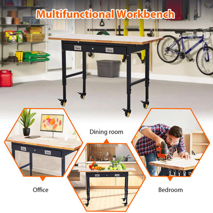EliteEdge 60" Adjustable Work Bench, Heavy Duty Steel Frame Workbench with Storage Drawer, Wheels, 2000 Lbs Load Capacity, Rubberwood Top Work Table for Garage, Workshop, Black