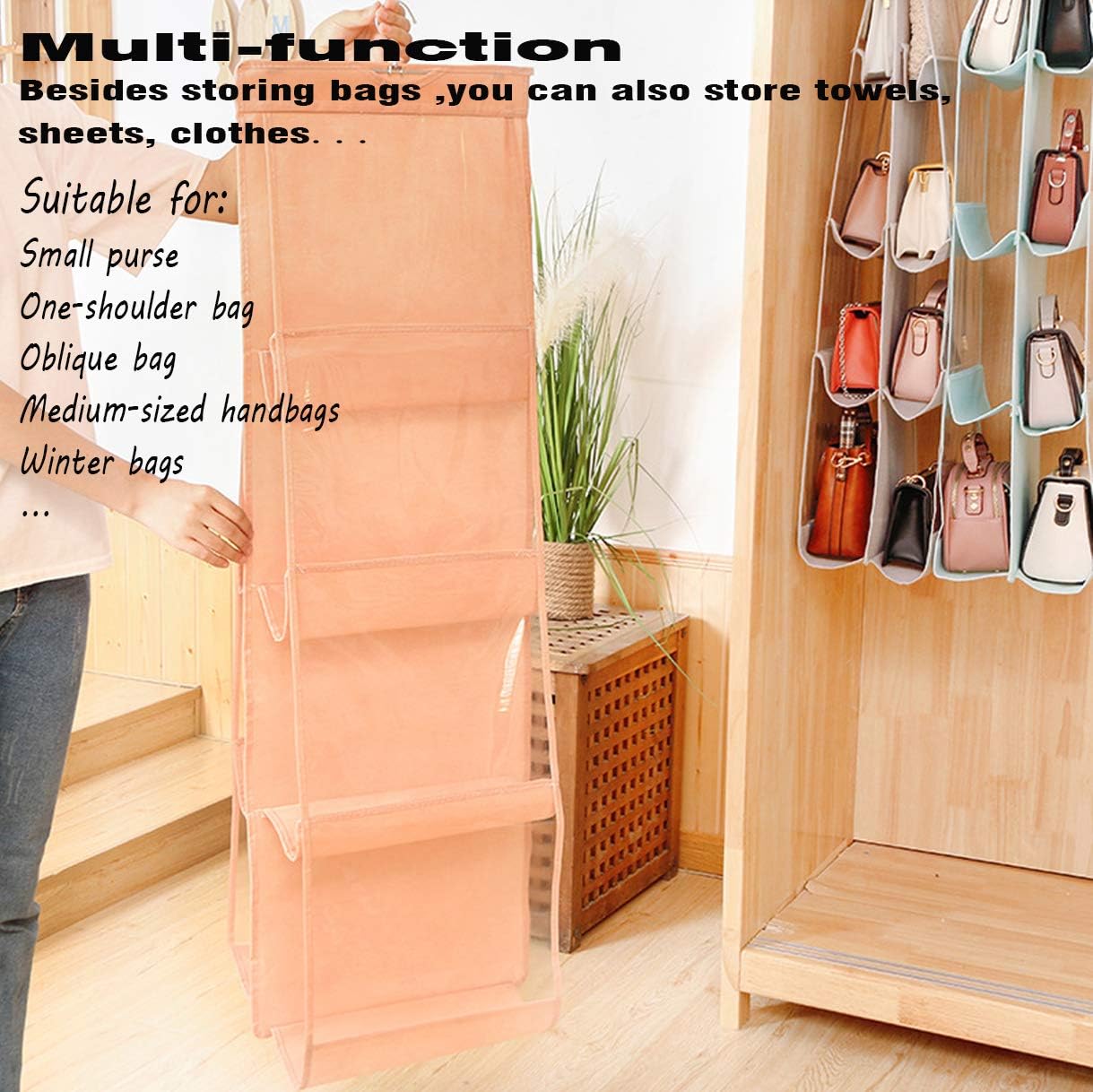AARAINBOW 1 Pack Hanging Handbag Purse Organizer - 8 Pockets Space Saving Wardrobe Organizer, Light Pink