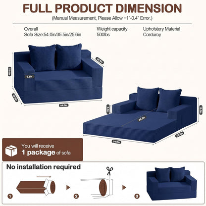 Winzoo Boneless Loveseat Couch Folding Sofa Bed, Foldable Floor Futon Sleeper Couch Bed - Convertible Sofa Bed, Corduroy Pull Out Sofa Bed with 2 Pillows for Living Room & Bedroom
