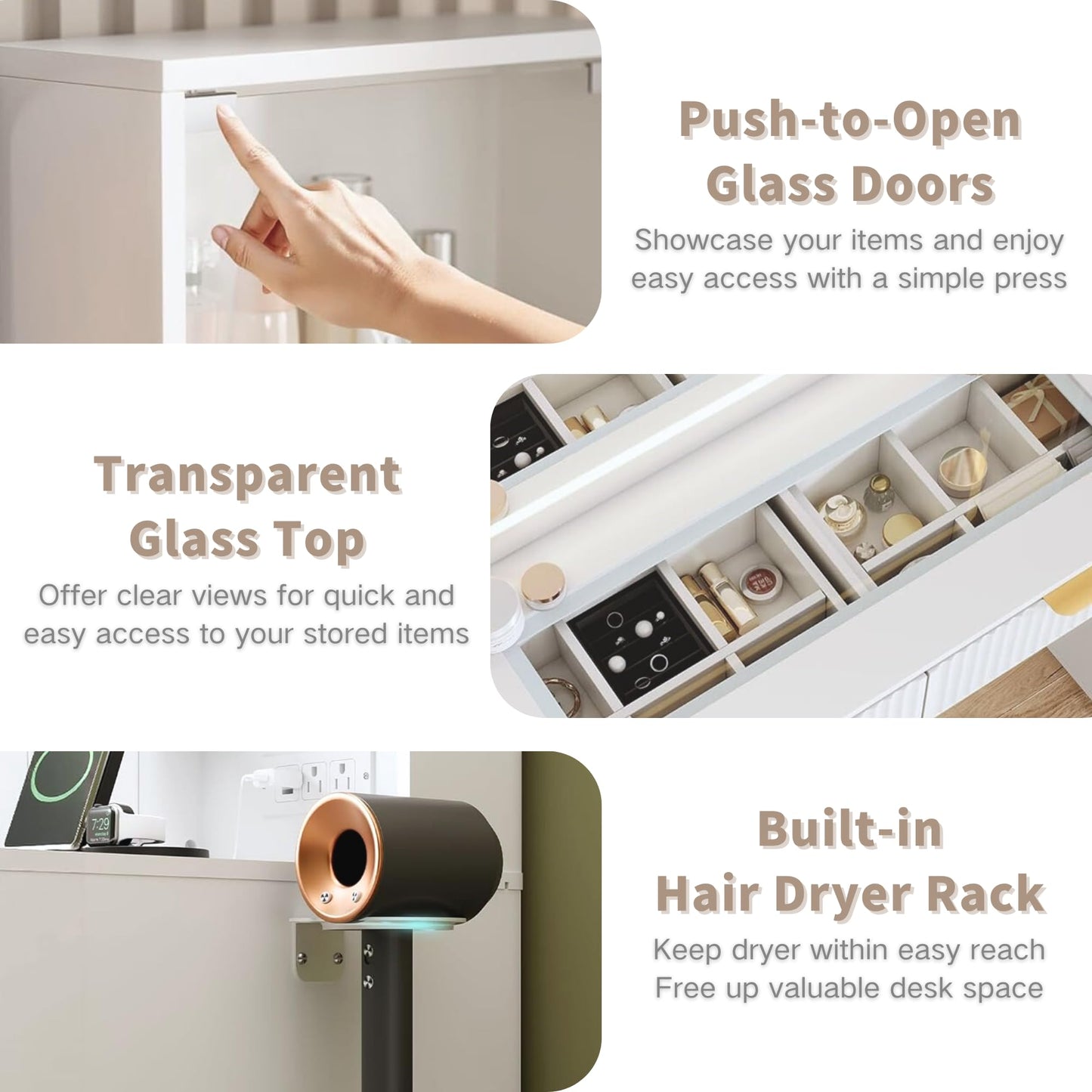 GarveeHome Fluted Vanity Desk with Mirror and Lights, 48" Large Makeup Vanity with Glass Top, 3 Modes LED Lighting with Adjustable Brightness, Dressing Table with Charging Station and Stool, White