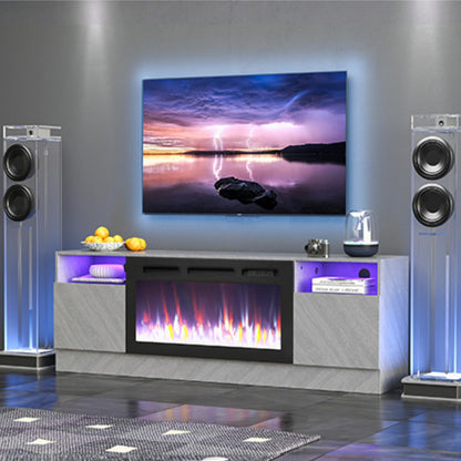 MXV 80" Fireplace TV Stand for TVs Up to 90", LED Light Entertainment Center with 36" Electric Fireplace, Modern Wood Texture TV Media Console with Highlight Storage Cabinet, Grey-Black