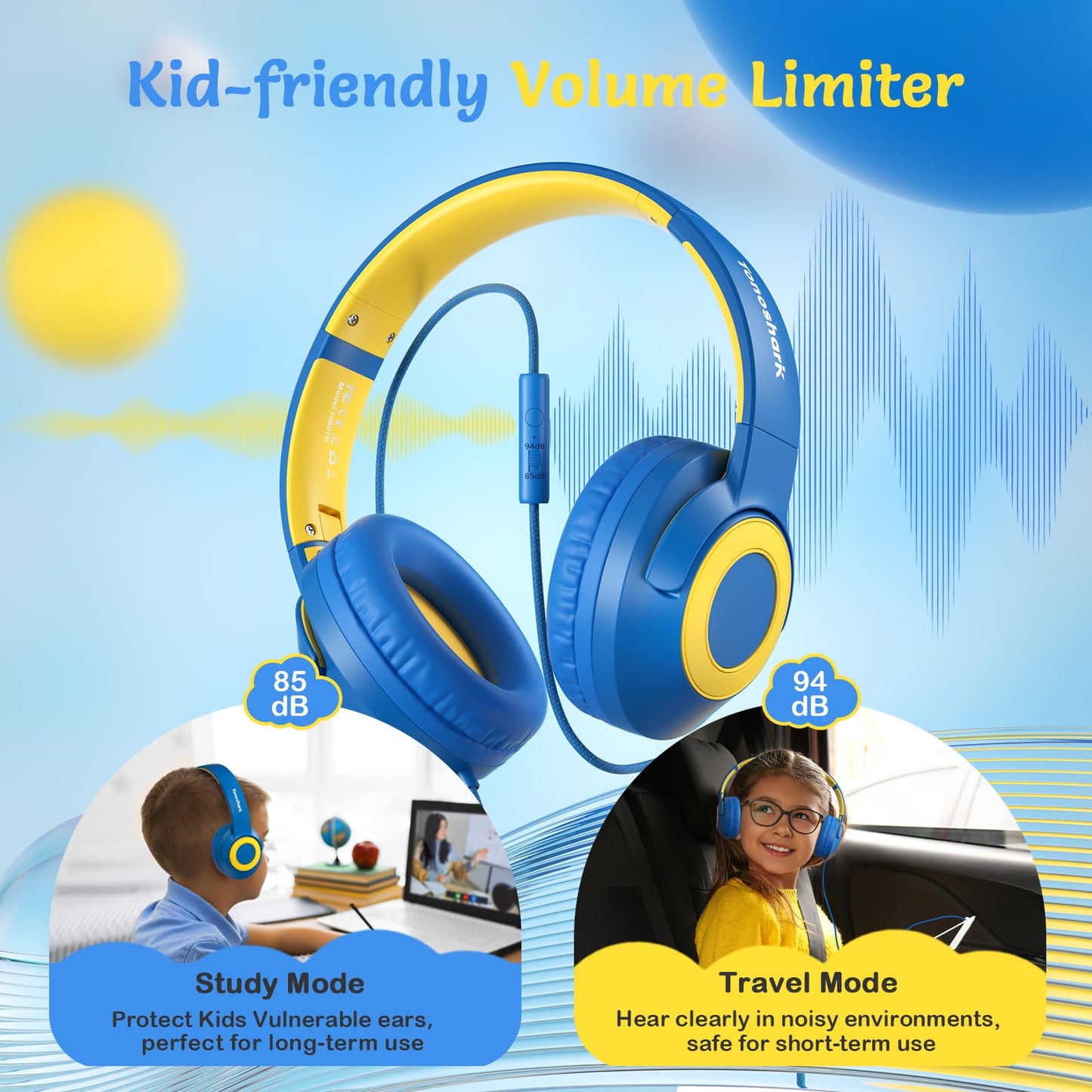 TONOSHARK Kids Wired Headphones with Microphone, Volume Limited to 85/94dB, Foldable 3.5mm Jack Headset for Girls, Pink Over-Ear Headphones for School, Study & Travel, Includes Carry Case（Blue）