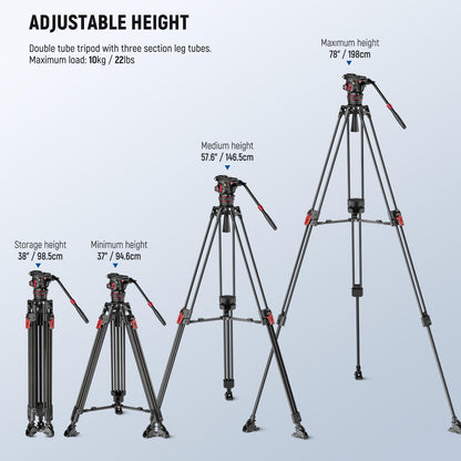 NEEWER 78" Video Camera Tripod Carbon Fiber with Damping Adjustable Fluid Head, One Step Quick Release with QR Plate & Handle, Heavy Duty Tripod Stand for DSLR Cameras Camcorders, Max Load 22lb, LL37