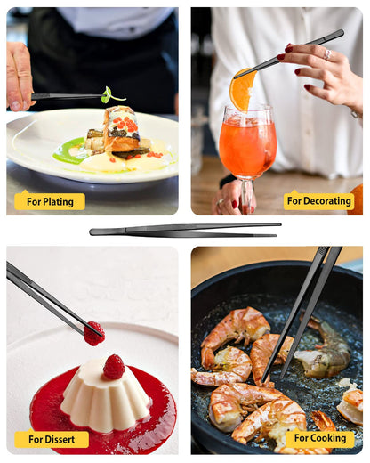 4 Pcs Fine Long Tweezer Tongs Professional Black, 12'' and 10'' Stainless Steel for Kitchen, Food, Cooking, Repairing, Sea food and BBQ