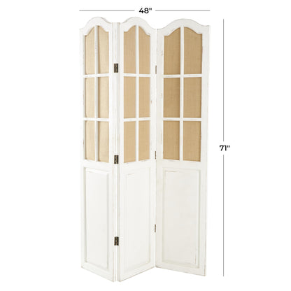 Deco 79 Wood Partition Room Divider Screen Hinged Foldable Partition 3 Panel Privacy Screen with Burlap Window Pane Design, Room Partition 48" x 1" x 71", Beige