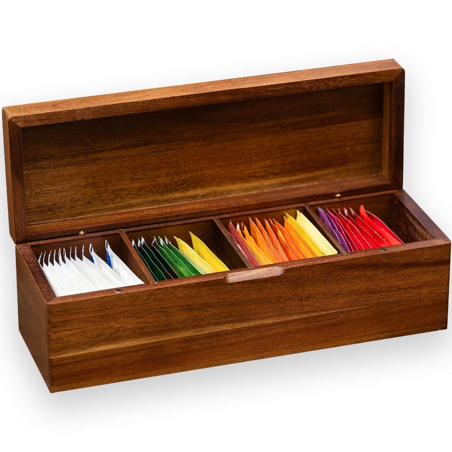 Acacia Wooden Tea Bag Organizers, Tea packet Storage Boxes, Tea Caddy for Tea Bags Chest, Teabag Holder Containers, Teabox Station Display, Organizador De Tes Caja Para Te, 4 Compartments
