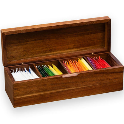 Acacia Wooden Tea Bag Organizers, Tea packet Storage Boxes, Tea Caddy for Tea Bags Chest, Teabag Holder Containers, Teabox Station Display, Organizador De Tes Caja Para Te, 4 Compartments