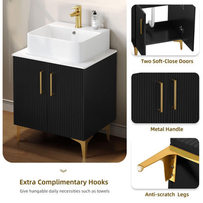 DWVO Bathroom Vanity 24 Inch with Counter Top Sink Combo, Modern Bathroom Storage Vanity Cabinet Set Included 2 Large Soft Closing Doors, Drain, Gold Handles & Legs, Black