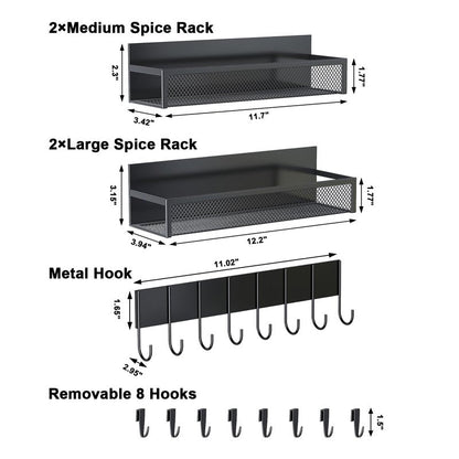 Aufworld Magnetic Spice Rack for Refrigerator, 5 Pack Magnetic Shelf, Moveable Magnetic Fridge Organizer with an 8-Hook Rack, Seasoning Organizer for Kitchen Organization (Extra with 8 Hooks)