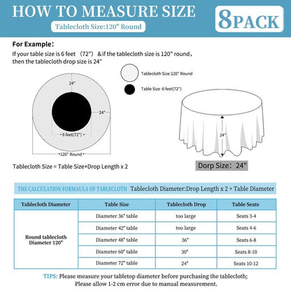 8 Pack Ivory Round Tablecloth 120 Inch Circle Polyester Table Cloth, Washable Fabric Stain and Wrinkle Resistant Table Cover Round Tableclothes for Wedding Parties Banquet Reception Dining