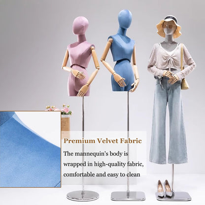 Premium Female Mannequin Rotatable Head/Torso, Solid Wood Arms Dress Form Sewing Mannequin , Heavy-Duty Adjustable Metal Base(Blue)