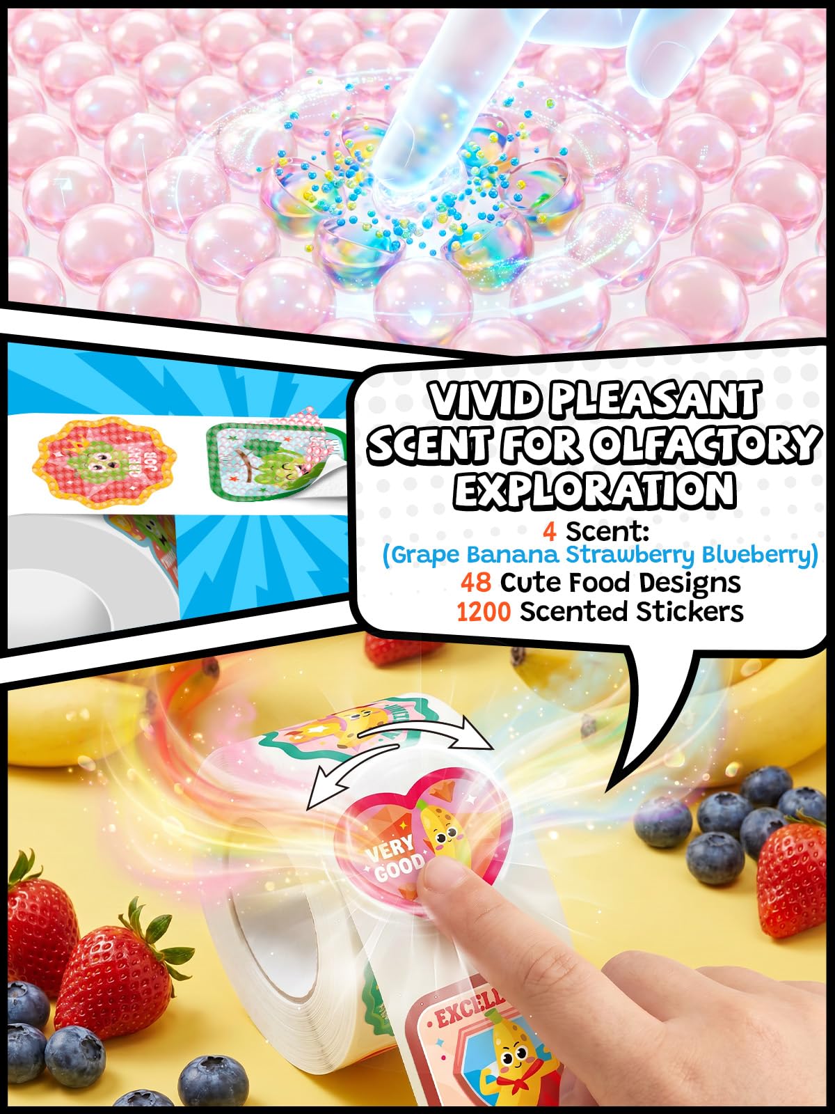 HORIECHALY Scratch and Sniff Reward Stickers for Kids, 4 Rolls 1200 PCS 4 Scent Smelly Stickers Fruit Theme, Positive Reward for Classroom, Teacher, Students