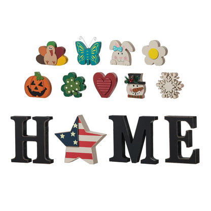 Glitzhome Interchangeable Home Table Signs with 13 Pcs Seasonal Icons, Wooden Changeable Home Sign for Holiday Decor, HOME Letter Sign Ornaments Set Interchangeable Holiday Decorative Shelf Blocks
