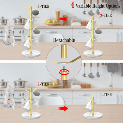 ZYZWTG Marble Mug Holder Tree with 8 Hooks, Stainless Steel Coffee Cup Holder, Non-Slip Silicone Pads, Heavy Duty Marble Base, Countertop Organizer for Kitchen & Cafe, Gold