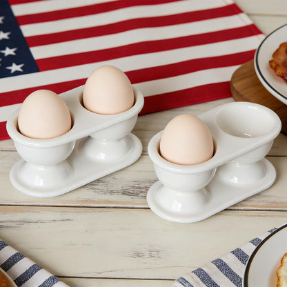 Cinf Ceramic Double Egg Cup 2PCS Porcelain Boiled Egg Holder for Breakfast Cooking Easy to Clean Childhood Memories Kitchen,White 2Pack