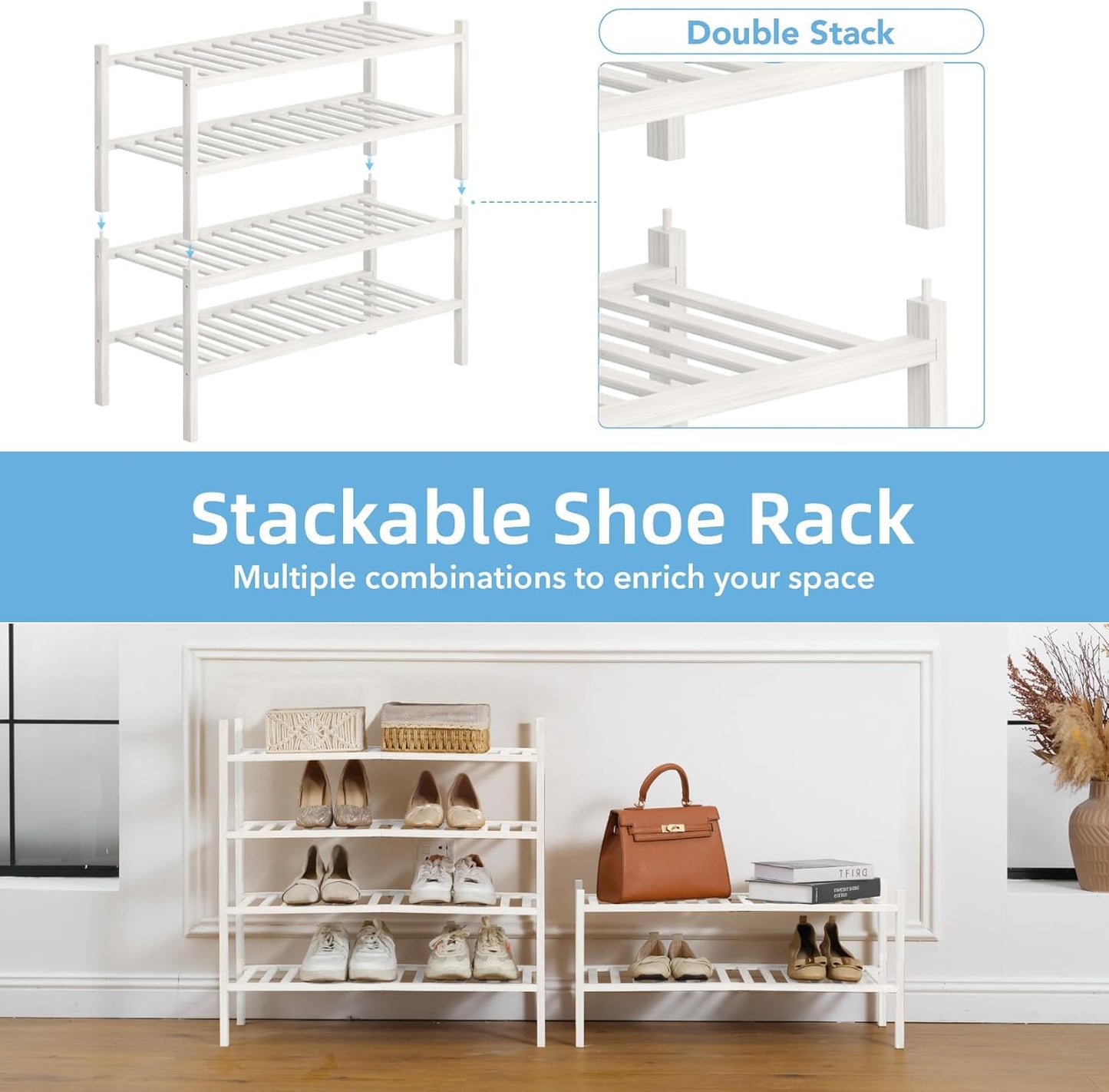2 Closet, Bathroom27 x11 x13 2 Tier Bamboo Shoe Rack Storage Organizer for Multifunctional Stackable Free Standing Shoe