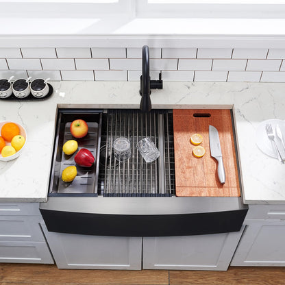 SHACO Double Bowl 60/40 Black Farmhouse Sink, 33x22 Inch Stainless Steel Apron Front Divided Double Basin Farmhouse Kitchen Sink, Gunmetal Black Farm Workstation Sink