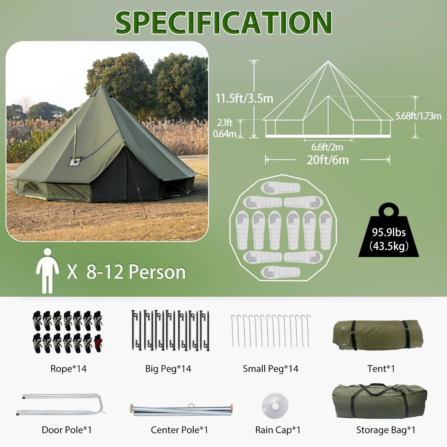 WaldZimmer Canvas Bell Tent 19.7ft Green with Stove Jack and Zipped Removable Floor, Luxury Outdoor Glamping Yurt Cotton Tent for Family Truck Car Camping Hunting Party