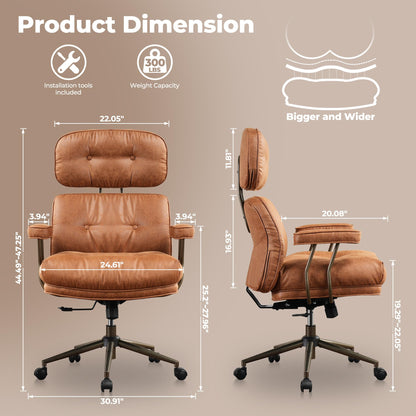ovios Ergonomic Office Chair, High Back Faux Leather Executive Chairs with Thick Cushion, Comfy Mid-Century Modern Swivel Rolling Computer Armchair (Brown, Suede Leather)
