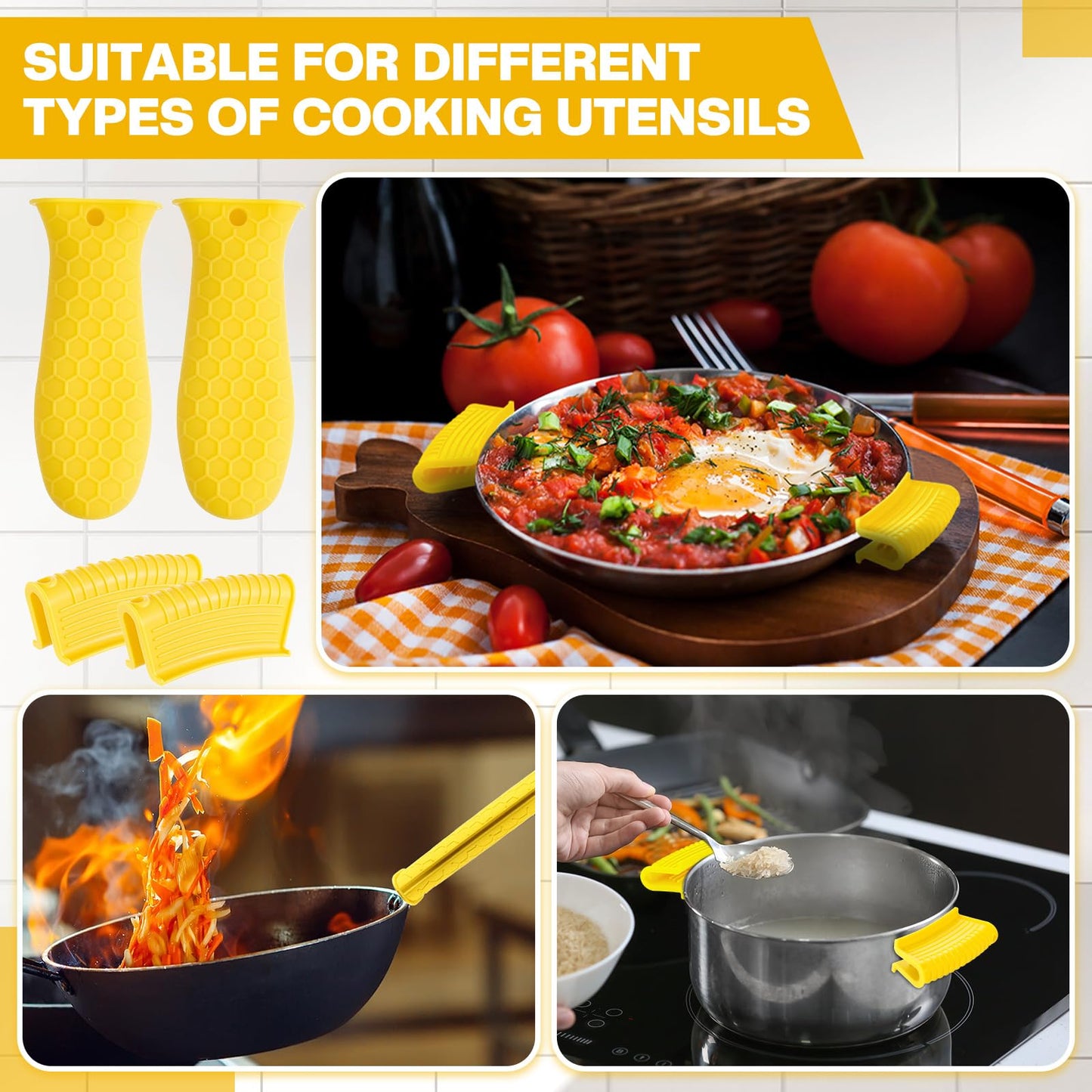 Patelai 8 Pcs Silicone Pot Holders Cast Iron Handle Cover Heat Resistant Pot Handle Covers Potholder Non Slip Reusable Pan Sleeve for Frying Pan Kitchen Supplies(Yellow)