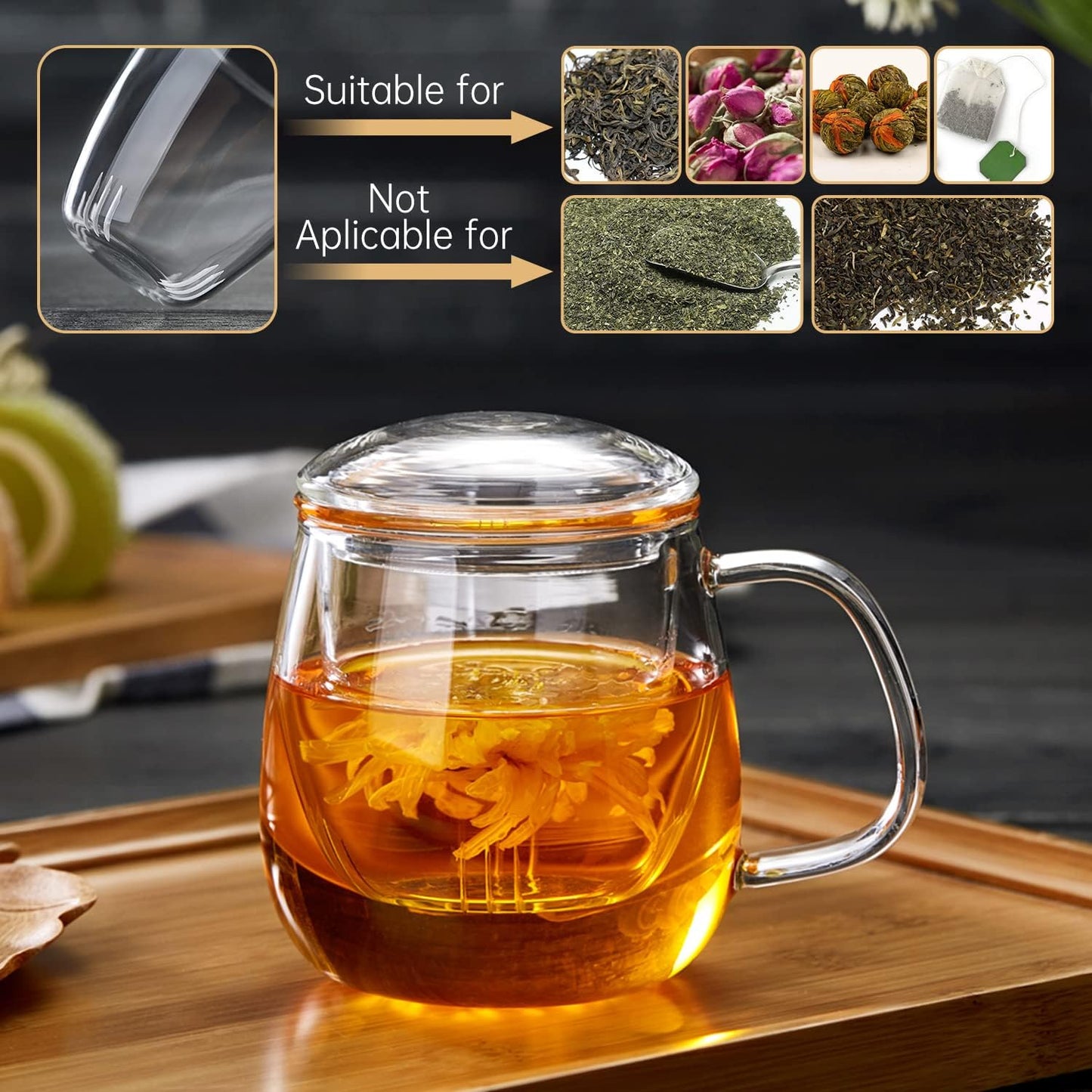 17.6oz/520ml DOPUDO Glass Tea Cup with Infuser and Lid, Large Borosilicate Teacup,Tea Glass, Clear Mug for Loose Leaf
