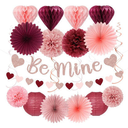 Pink Burgundy-Red Valentines-Day Galentines Party-Decorations - 22pcs Be Mine Love Banner,Wine Red Paper Lanterns Honeycomb Balls,Tissue Pom Poms Flowers Fans,Happy Anniversary Decor Hugmoon