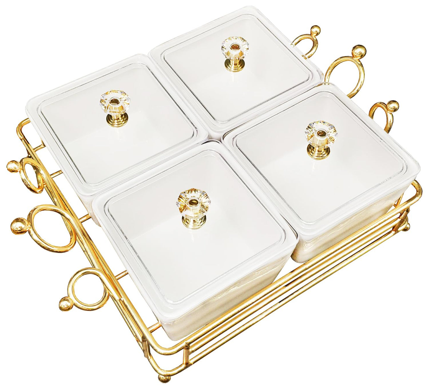 YA JU Ceramic Bowls and with Lid Gold Basket Trays, 4 Removable Small Bowls Condiment Trays Nut Serving Set for Snacks, Fruits, Candy and Condiments - Great for Parties, Holiday Gifts,White