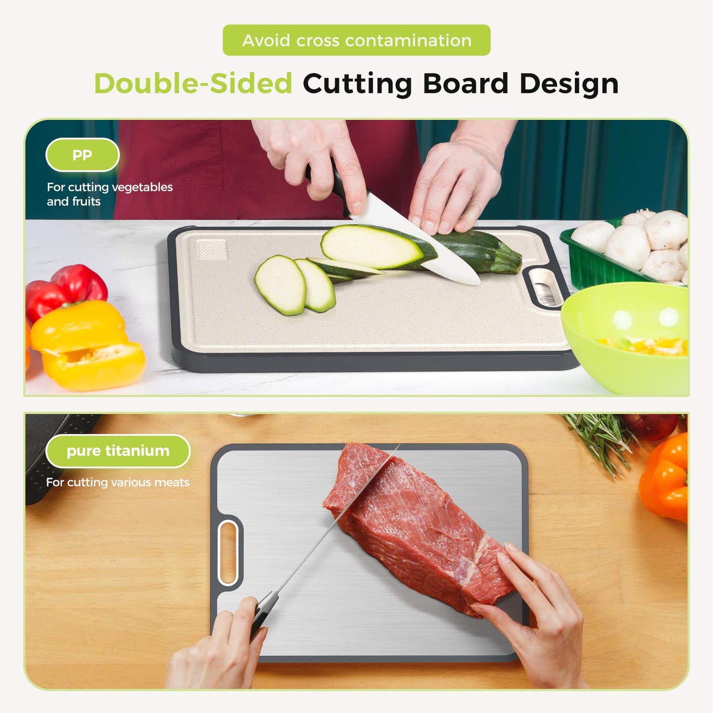 Sumzzz Titanium Cutting Board for Kitchen, Non Toxic 2-in-1 Cutting Board Double Sided Food Grade Pure Titanium, Knife Friendly Easy to Clean Large Size 15”×10.3”