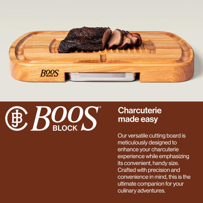 John Boos Maple Wood Cutting Board, 24”x18” – 2.25” Thick, 31-lb Reversible Wooden Butcher Block with Catch Pan, Sloped Juice Groove, Edge-Grain & Finger Grips - Carving Series