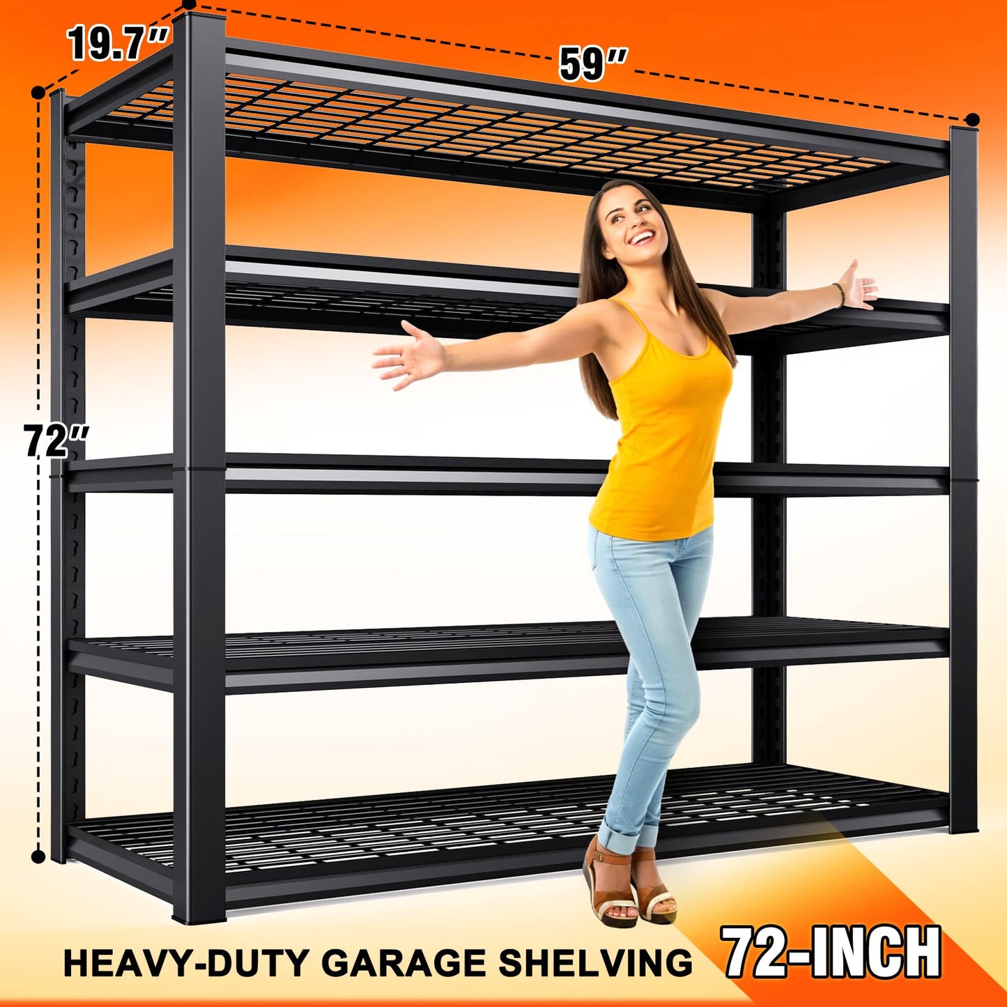 59 ''W Storage Shelves, 71‘’H Garage Shelving, Adjustable Garage Shelves, 3000lbs Heavy Duty Shelving ,5 Tier Garage Storage Shelves,Easy-To-Install Metal Shelf Storage Rack Shelving Unit 2 Pack