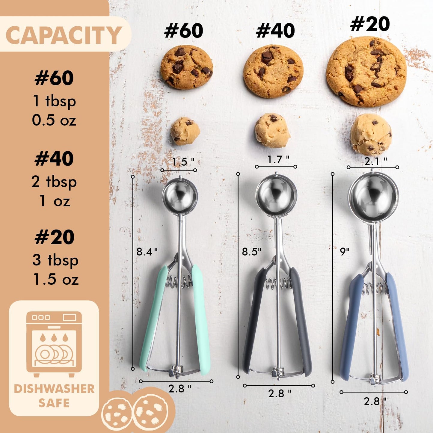 SUNNORN Cookie Scoop set, Cookie Scoops for Baking Set of 3, Size #60/ #40/ #20, Cookie Dough Scoop, Non-Slip Grip, Blue/Black/Mint Handle, For Cookies Muffin Cupcake Meatball Ice Cream