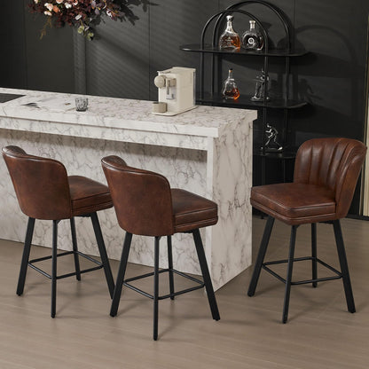 SAECKBERG Swivel Counter Height Bar Stools Set of 3, 26'' Modern Barstools with Backs and Metal Legs, Upholstered Bar Chairs, Faux Leather Brown Stools for Kitchen Island Chairs