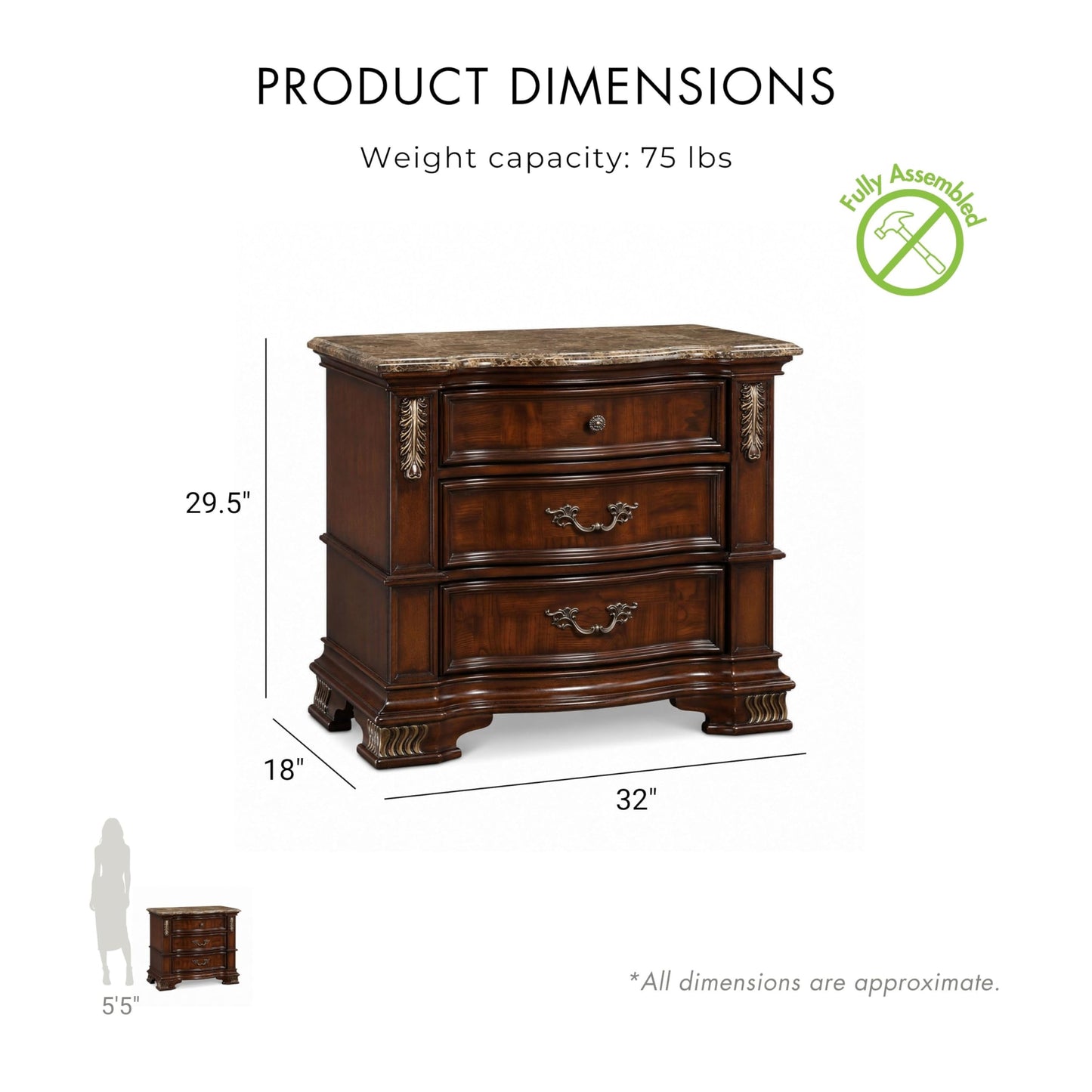 Furniture of America Clairibel Solid Wood 3-Drawer Nightstand with Genuine Marble Top, Felt-Lined Top Storage Bedside Table, Easy Assembly for Bedroom, Guest Room, Home Office, Brown Cherry