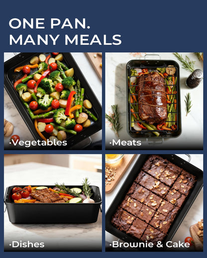 Armorbear Turkey Roasting Pan with Rack Non stick Carbon Steel Roaster 16x11 Inch, Dishwasher Safe, Deep Baking Broiler Pan for Oven Chicken, Bacon, Black
