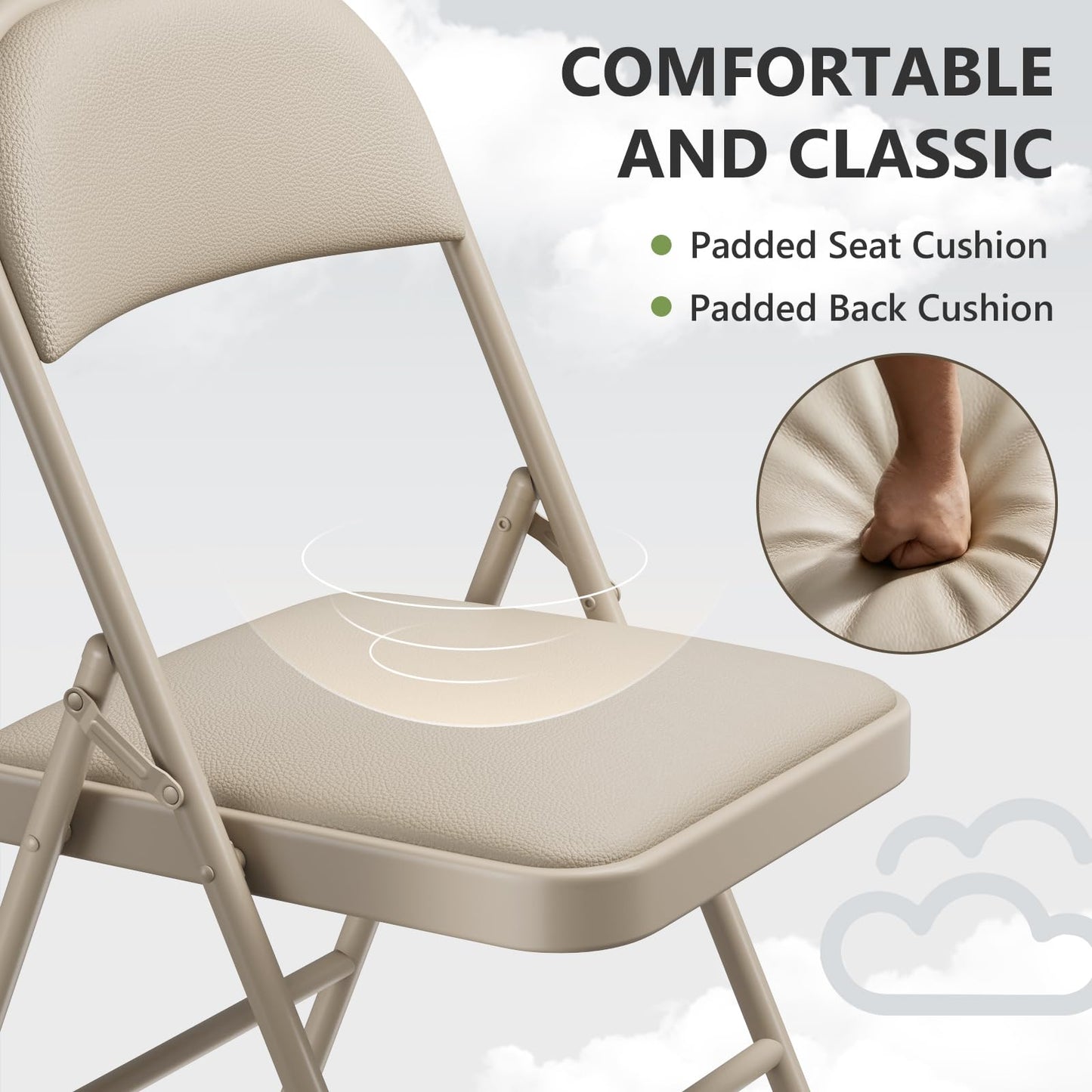 Folding Chairs 12 Pack, PU Leather Padded Folding Chairs for Outside and Indoor, Heavy Duty Portable Foldable Metal Commercial Seat for Home Office, Dorm, Party, Backyard, Lawn, Patio, Khaki