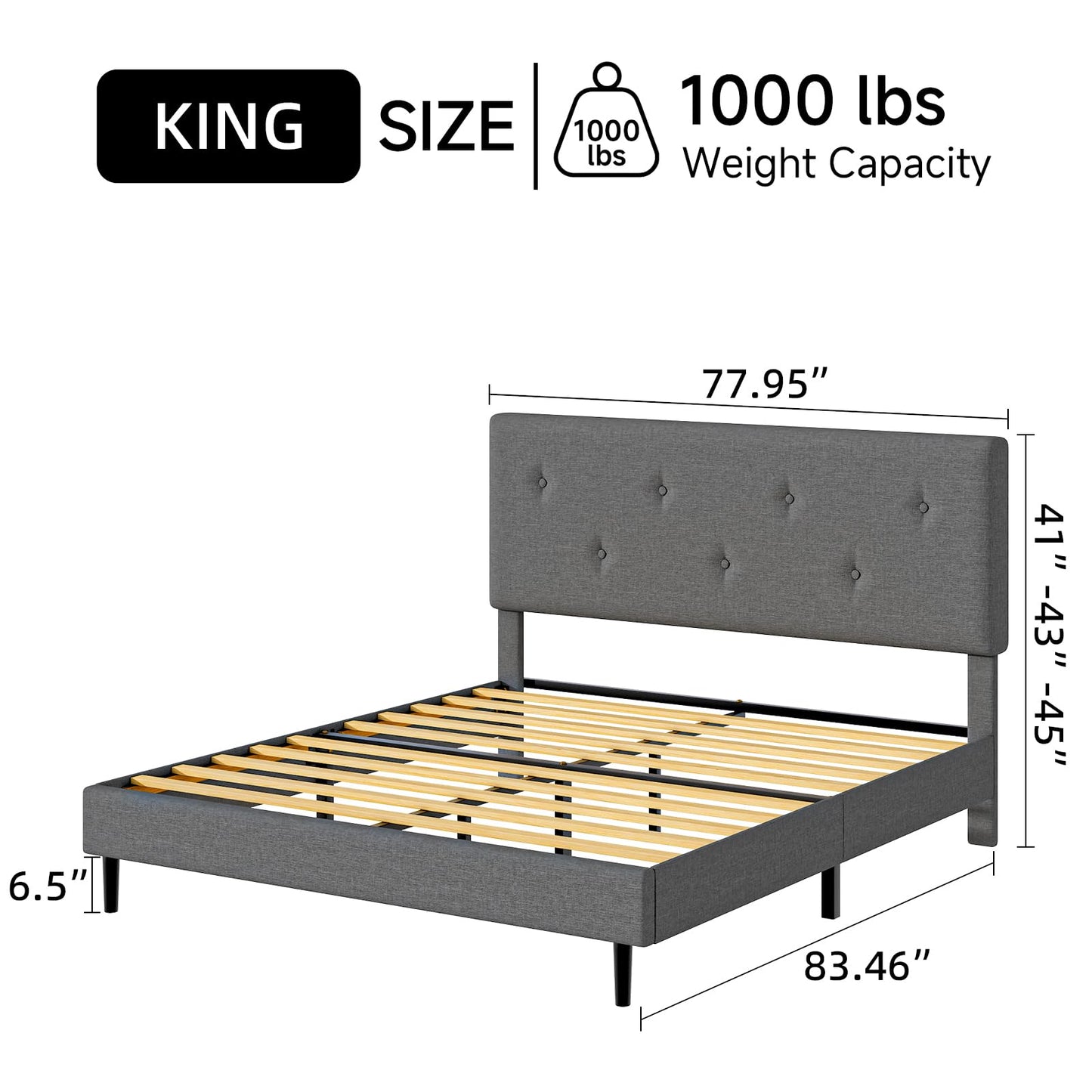 Mxhtcewz King Size Linen Bed Frame, Upholstered Platform Bed Frame with Adjustable Headboard, Wooden Slats Support, No Box Spring Needed, Easy Assembly, Grey