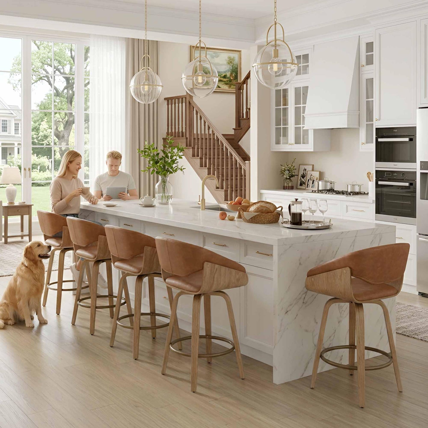 HNY 26 Inch Swivel Bar Stools with Back Set of 4, Brown Faux Leather Upholstered Counter Height Barstools with Solid Bentwood Frame, Round Footrest, Modern Barrel Counter Stools for Kitchen Island