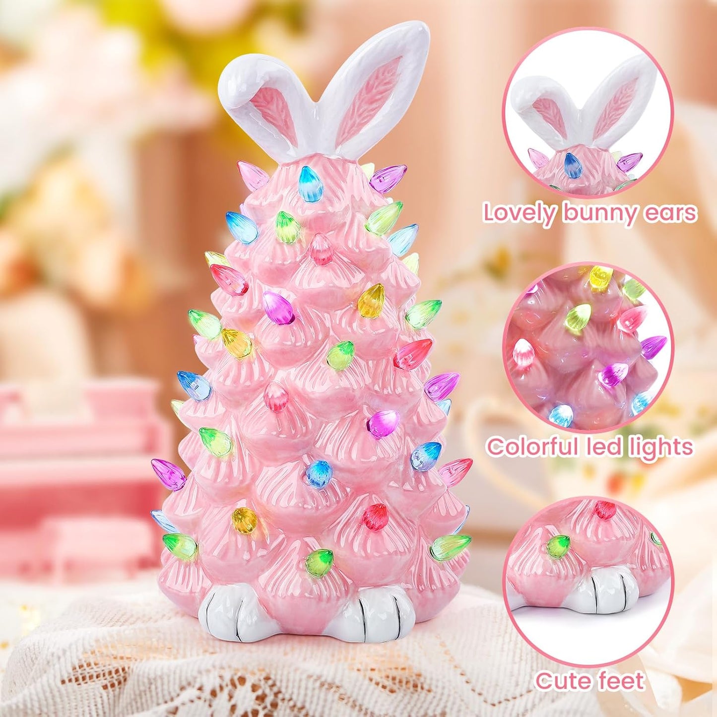 Skiennix Easter Bunny Decor - Glowing Ceramic Tree Night Light for Kids | Cute Indoor Tabletop Decoration (Pink)